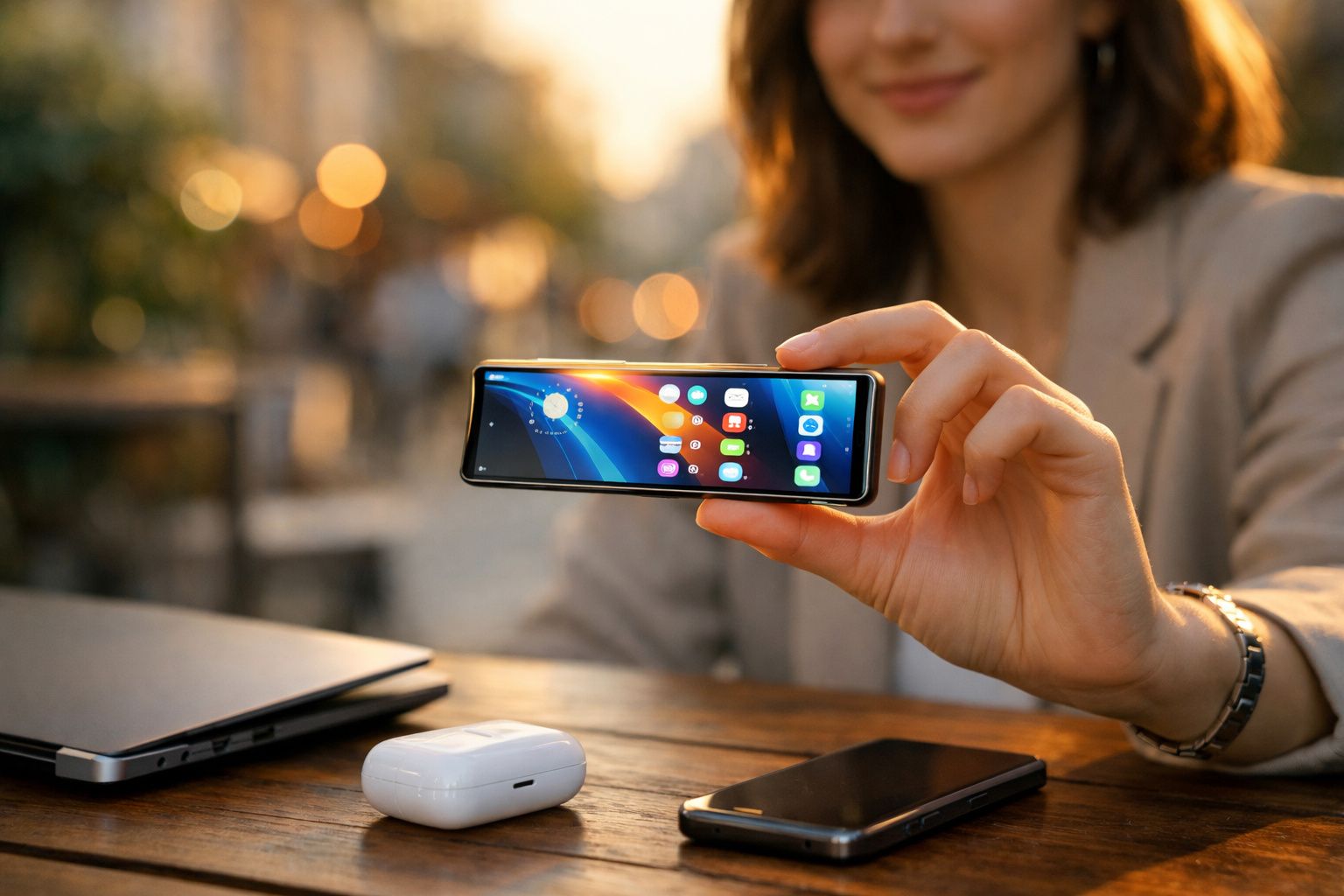 Mulher a segurar telemóvel dobrável aberto com aplicações visíveis numa mesa com laptop e auriculares.