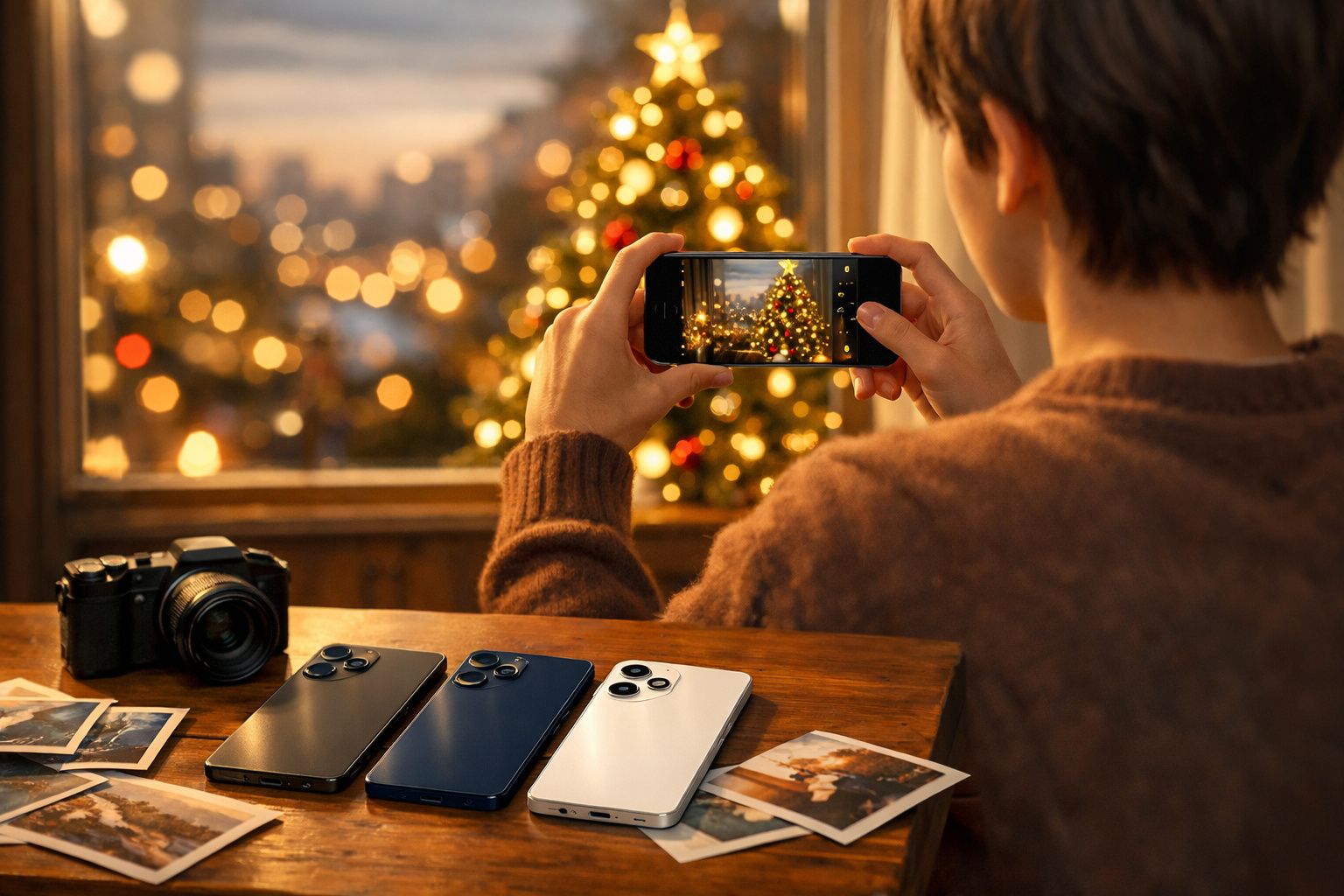 Pessoa a fotografar árvore de Natal iluminada com telemóvel, junto a mesa com câmaras e fotos.