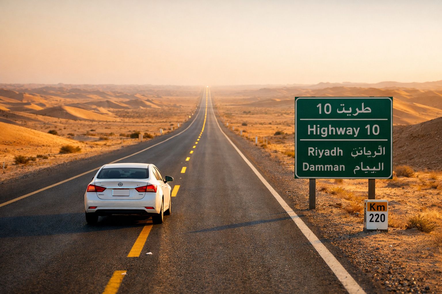 Carro branco numa estrada deserta no deserto com sinal de estrada para Highway 10, Riyadh e Dammam.