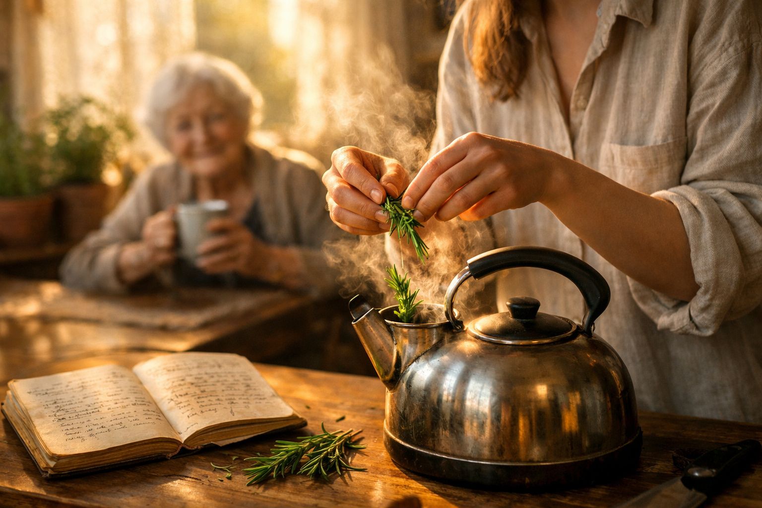 Pessoa a colocar ervas num bule de chá fumegante com uma senhora idosa a beber chá ao fundo.