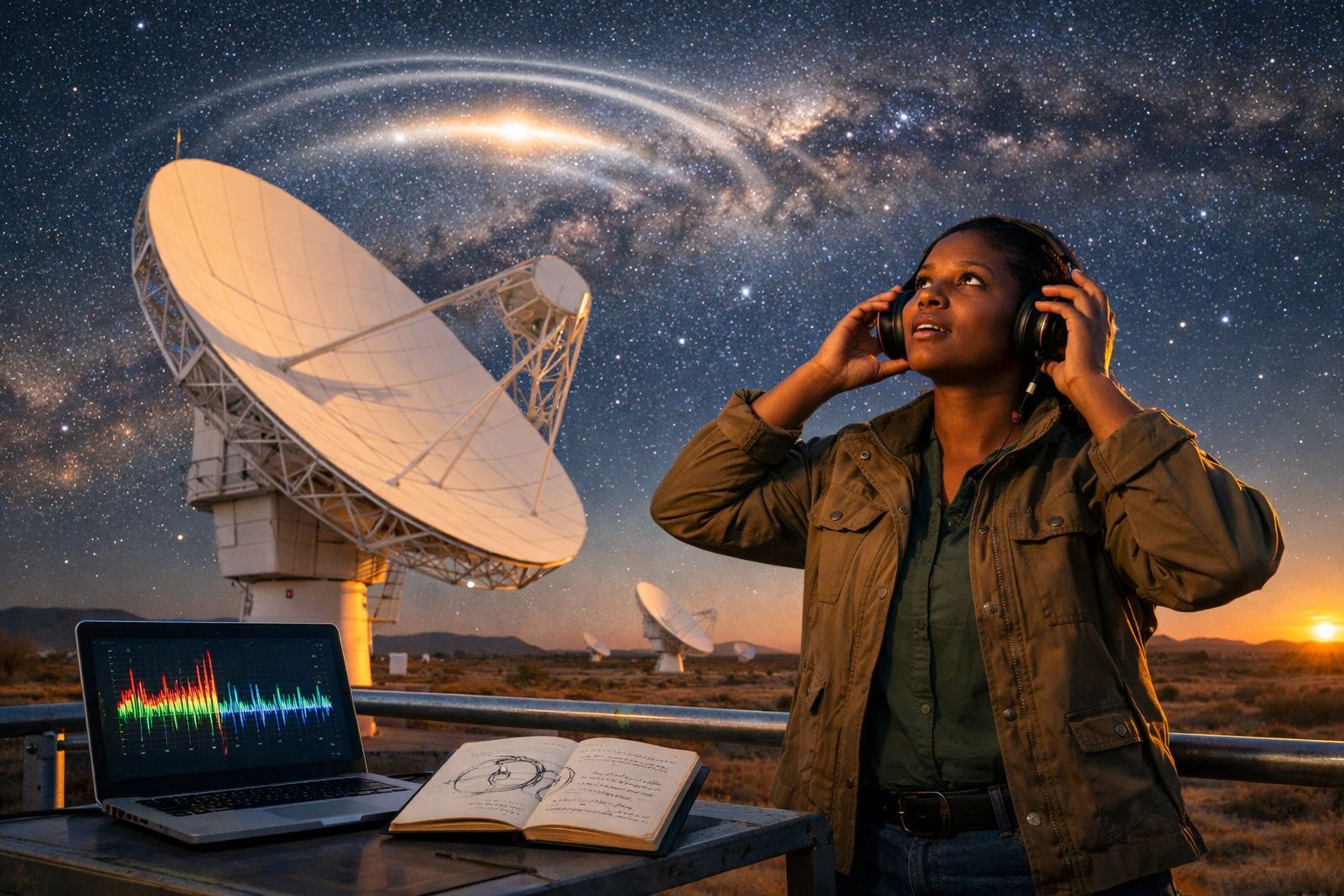 Mulher com auscultadores observa o céu estrelado perto de antena de rádio e computador com dados astronómicos.