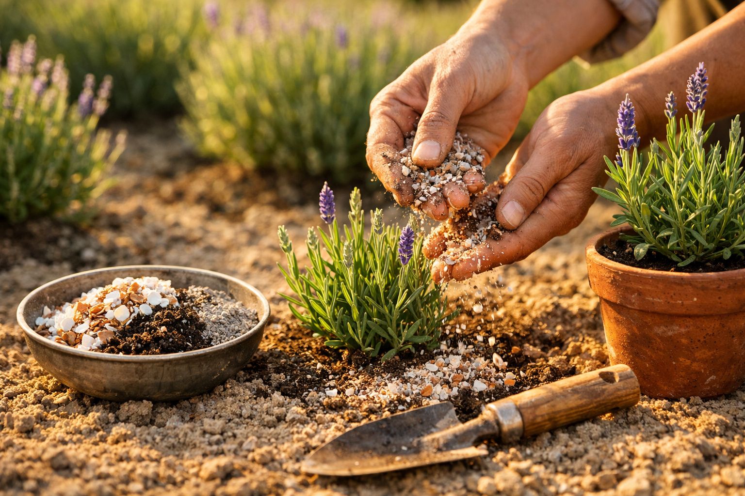 Mãos a adubar planta de lavanda no jardim com terra e fertilizante próximo de enxada e vaso de barro.