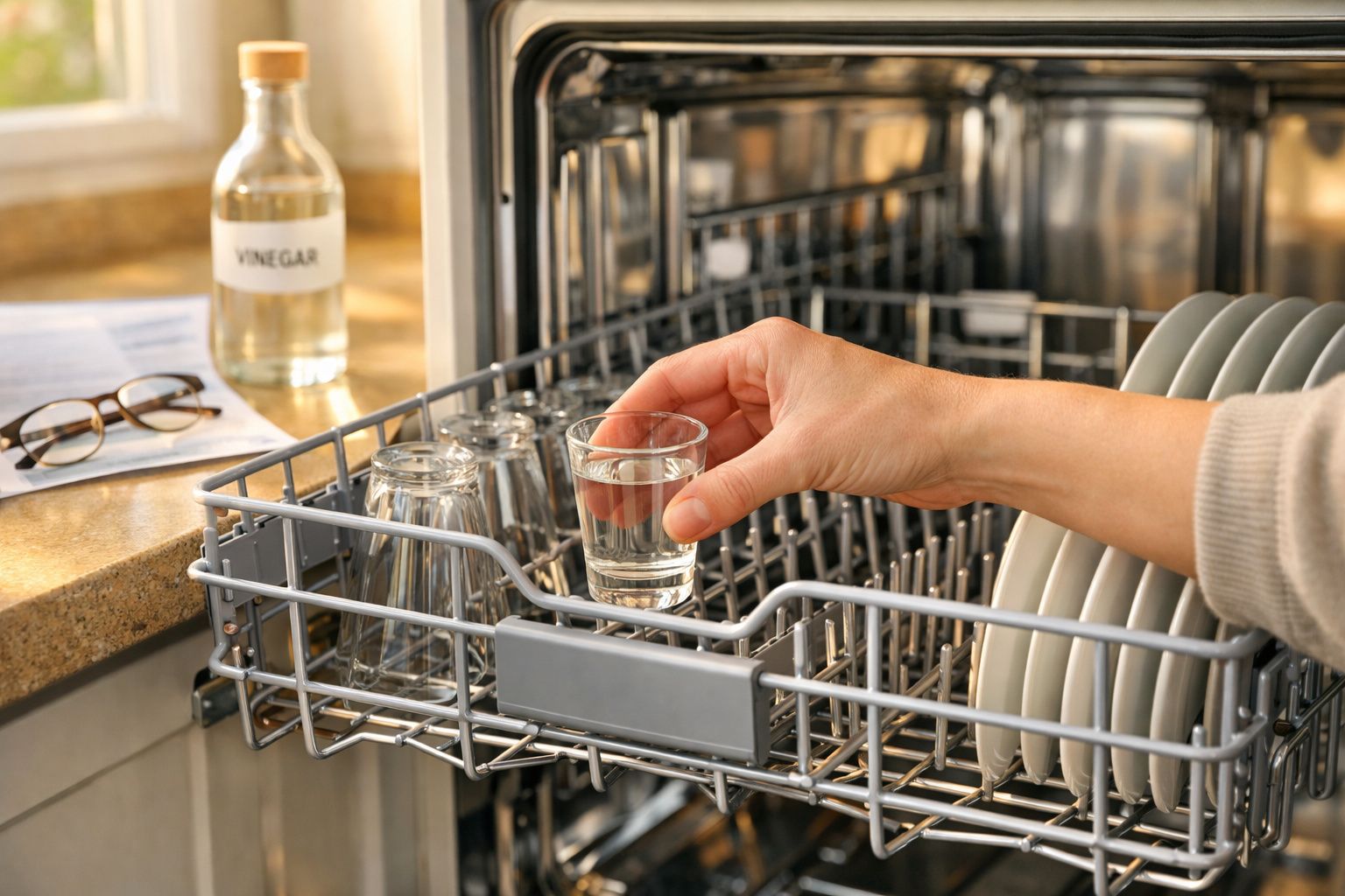 Pessoa a colocar copo de vidro numa máquina de lavar loiça cheia de pratos e copos transparentes.