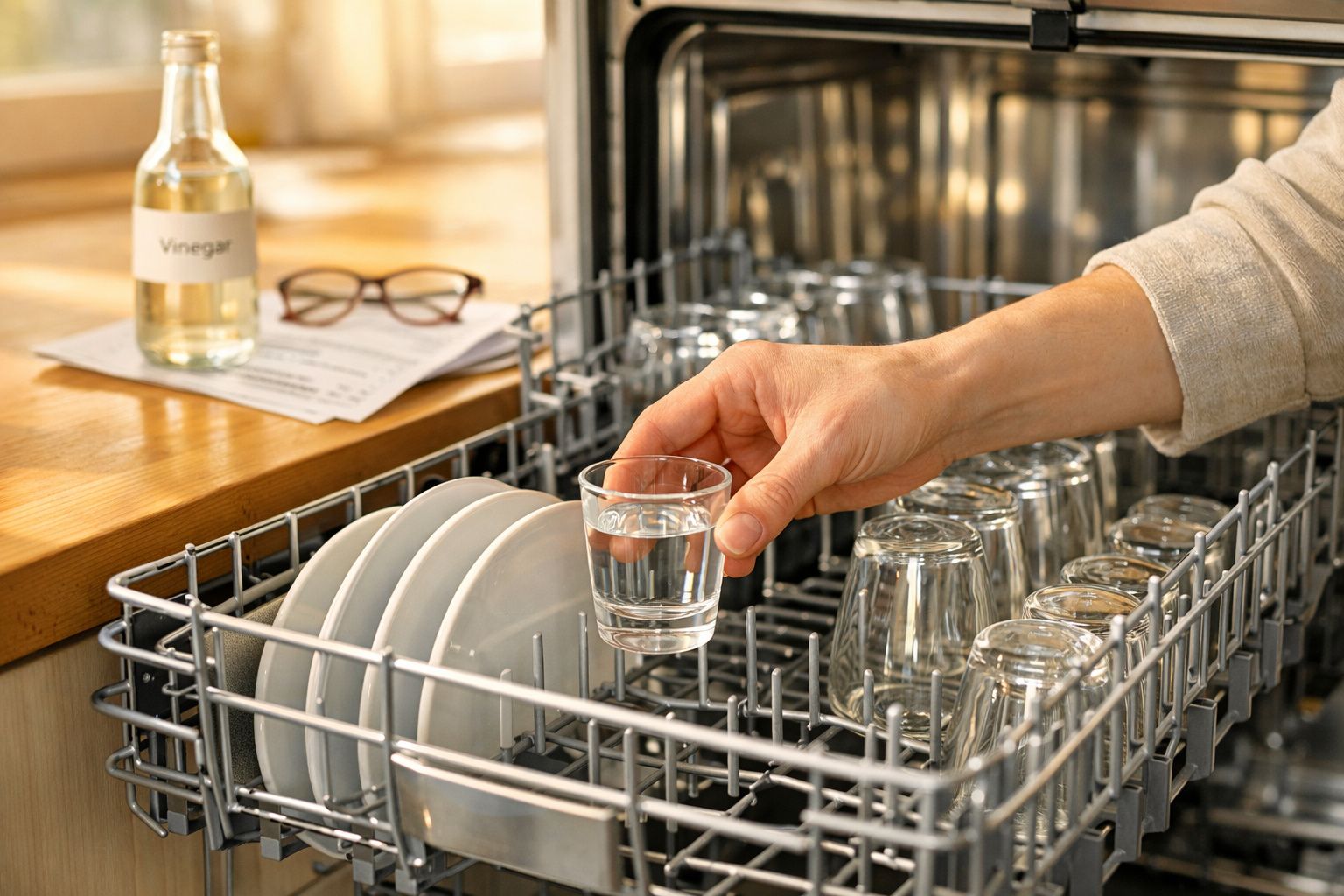 Mão a colocar um copo de vidro vazio numa máquina de lavar loiça com pratos e copos organizados.