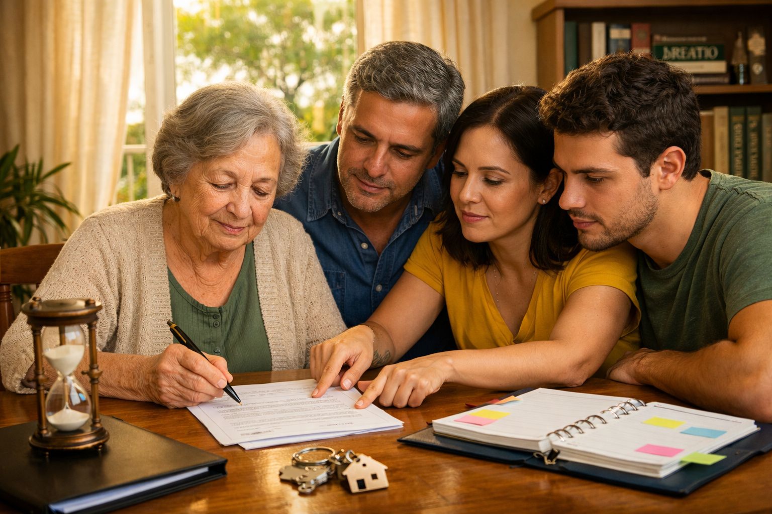 Família de quatro pessoas sentadas à mesa, a senhora mais idosa assina um documento com os outros a observar.