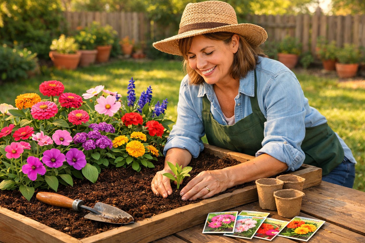Mulher sorridente a plantar muda em canteiro com flores coloridas num jardim ensolarado.
