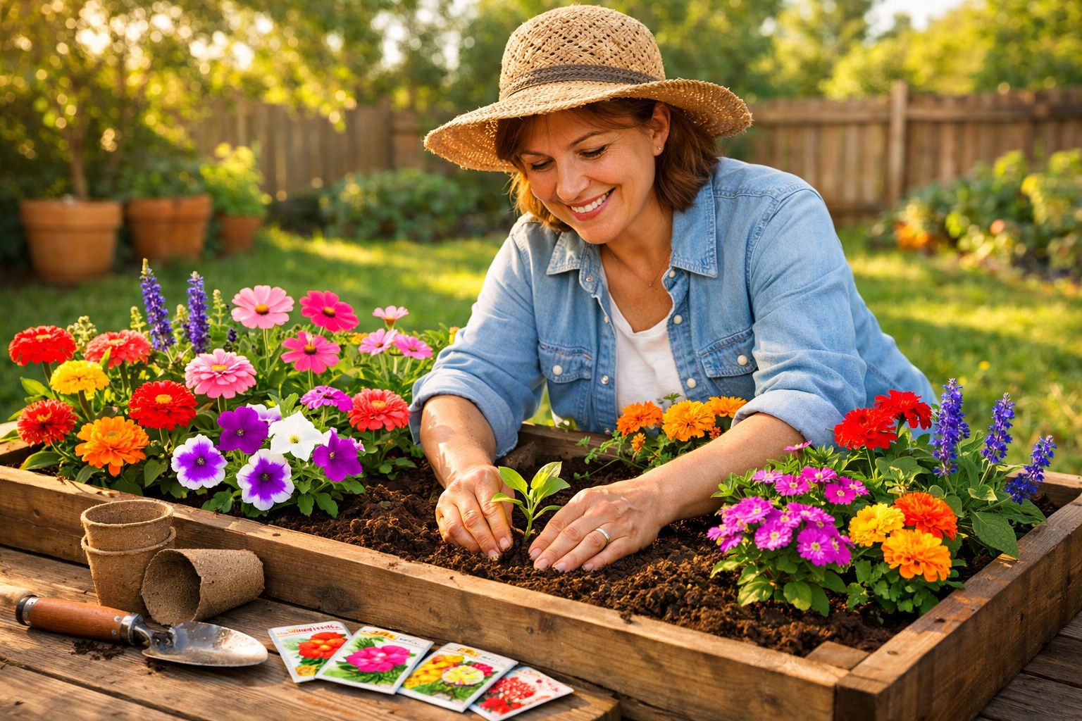Mulher sorridente com chapéu a plantar muda numa canteiro de flores coloridas num jardim ensolarado.