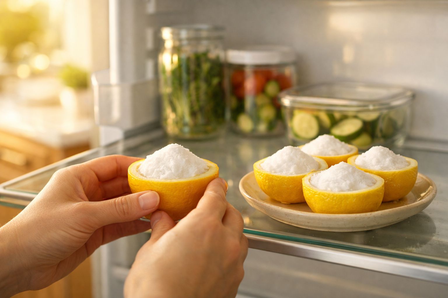 Mãos a colocar metades de limão com sal no frigorífico, ao lado de outros legumes em frascos.