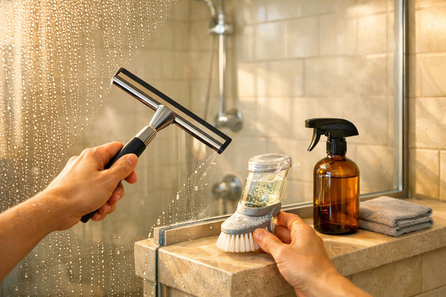Pessoa a limpar um vidro de casa de banho com um raspador e escova de limpeza com detergente.