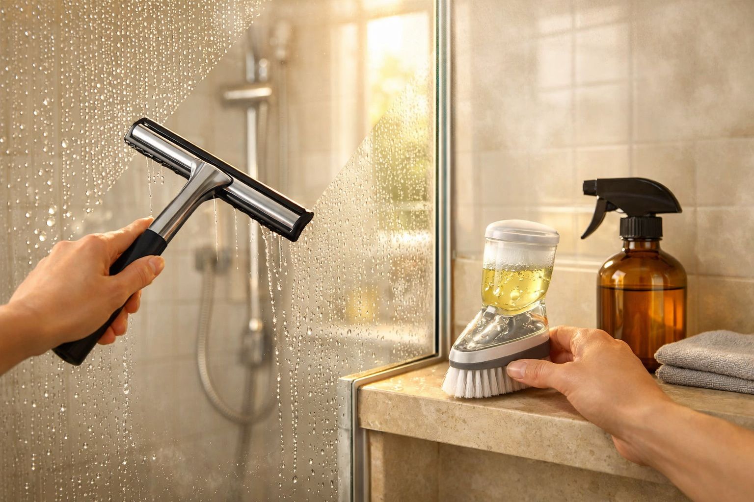 Mãos a limpar vidro de chuveiro com esfregão e rodo, ambiente de casa de banho com luz natural.