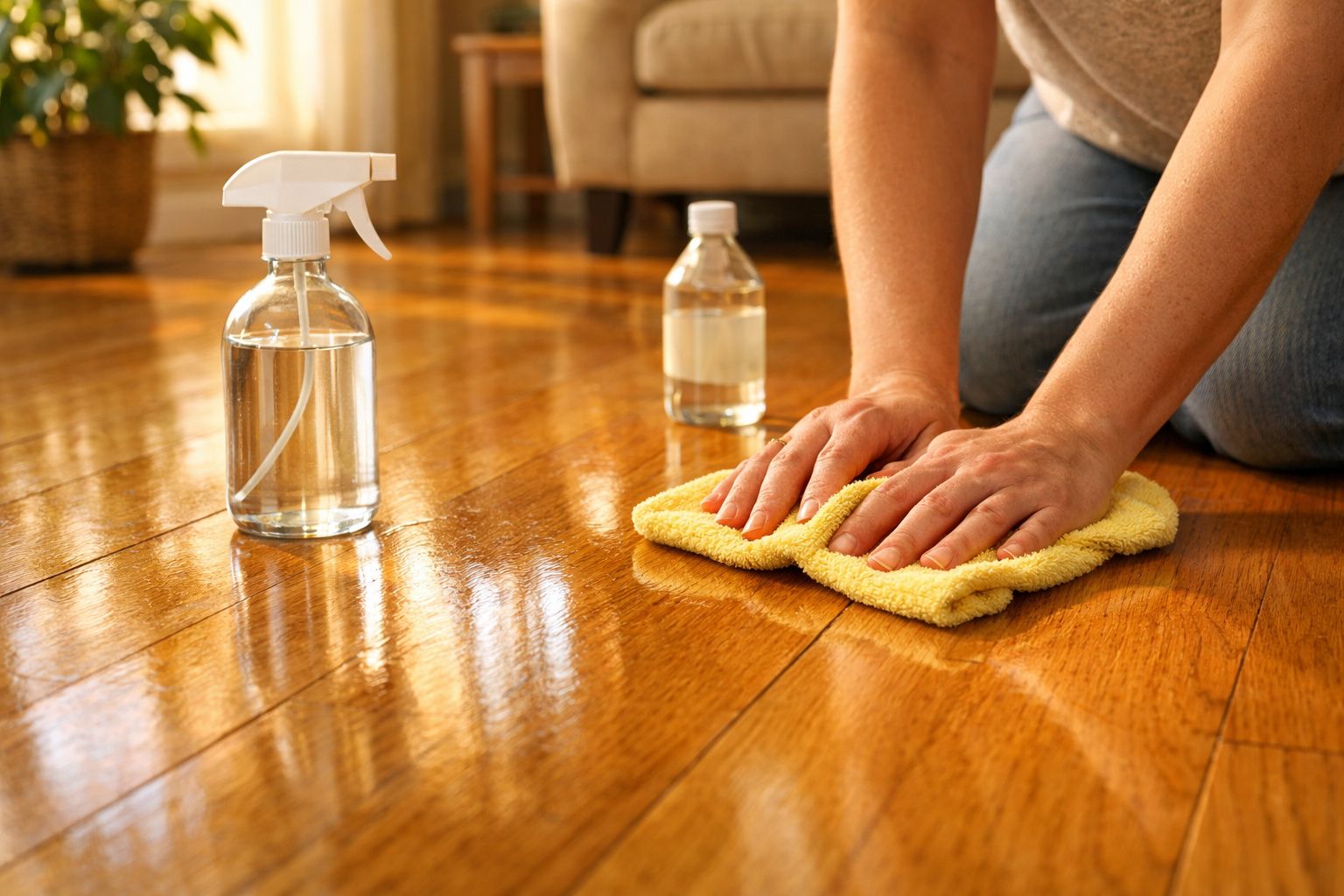 Mãos a limpar chão de madeira com pano amarelo e dois frascos de spray com líquido transparente.