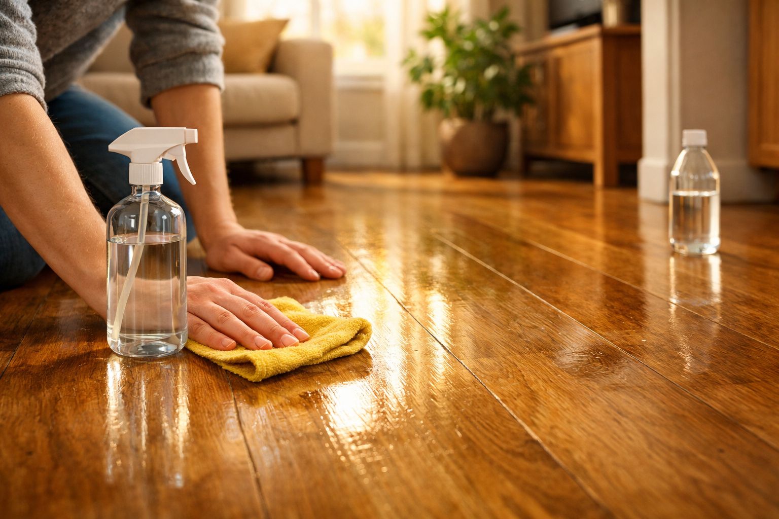Pessoa a limpar chão de madeira com pano amarelo e frasco pulverizador transparente numa sala iluminada.
