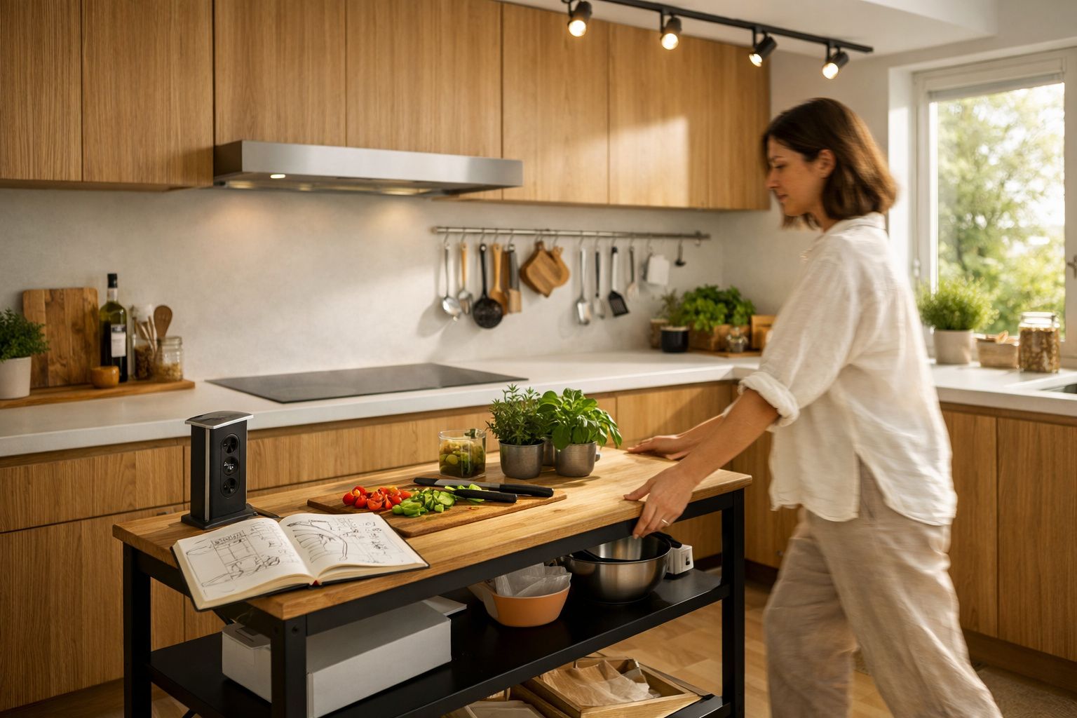 Mulher a mover ilha de cozinha com legumes, ervas e livro de receitas aberto numa cozinha moderna com armários em madeira.
