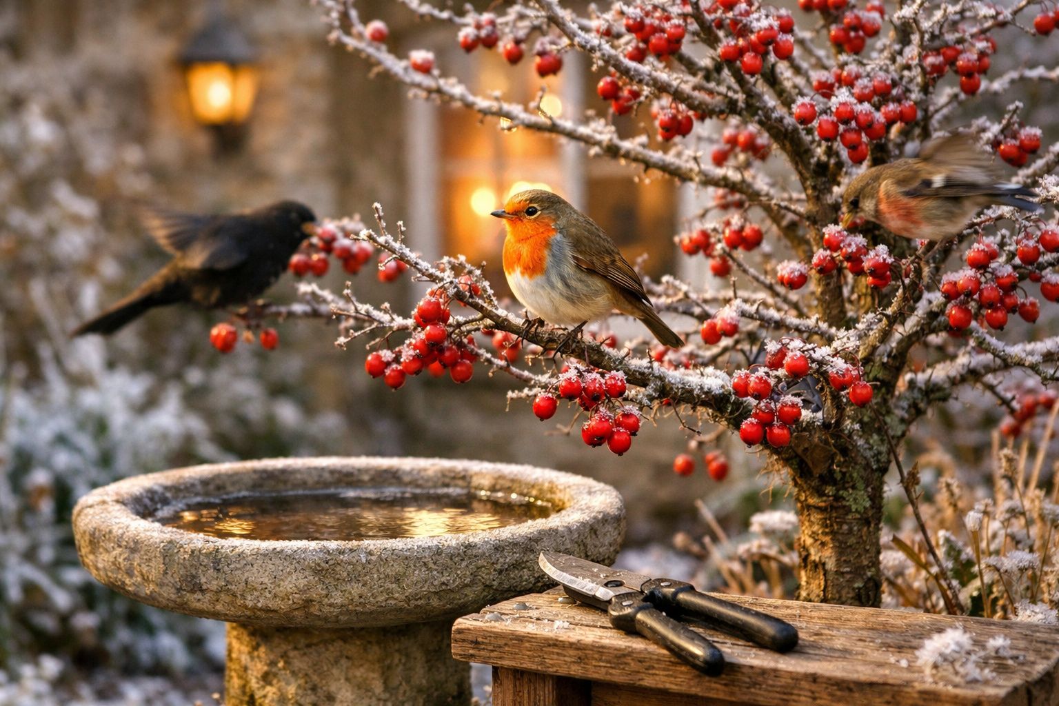 Pássaro com peito vermelho pousado em ramo com bagas vermelhas e ferramentas junto a bebedouro de pedra coberto de geada.