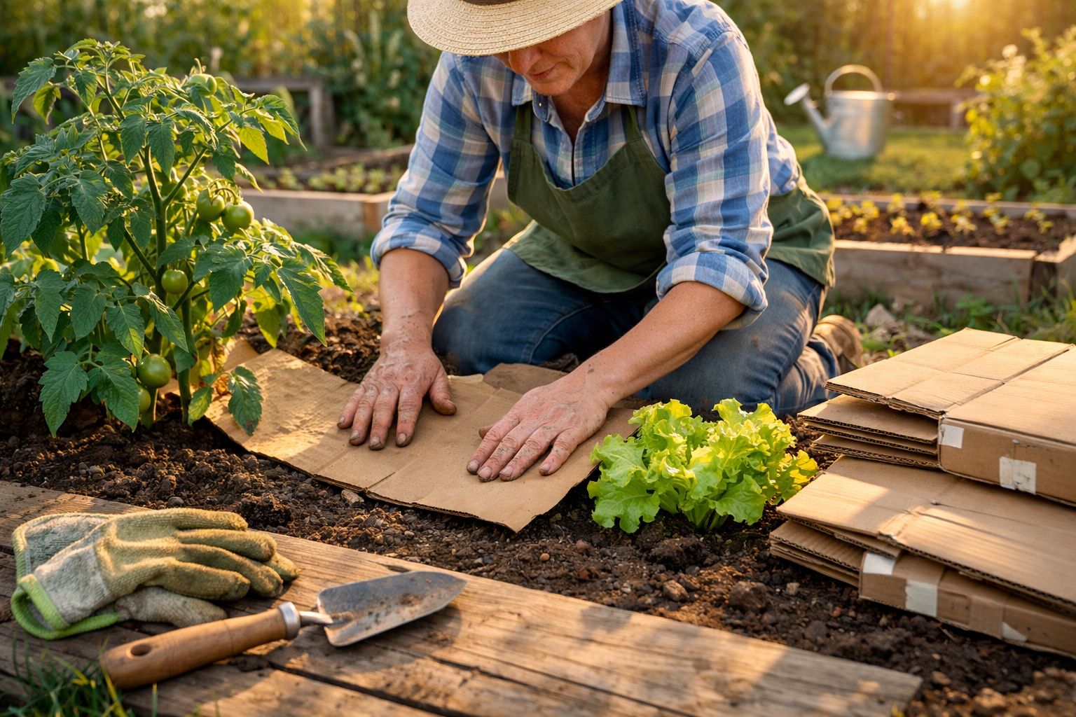 Pessoa a preparar solo de horta com papelão ao lado de plantas, ferramentas e luvas de jardinagem.