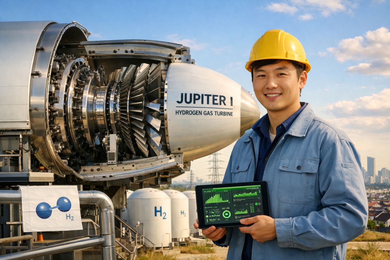 Engenheiro com capacete amarelo segura tablet à frente de turbina a gás de hidrogénio Jupiter I.