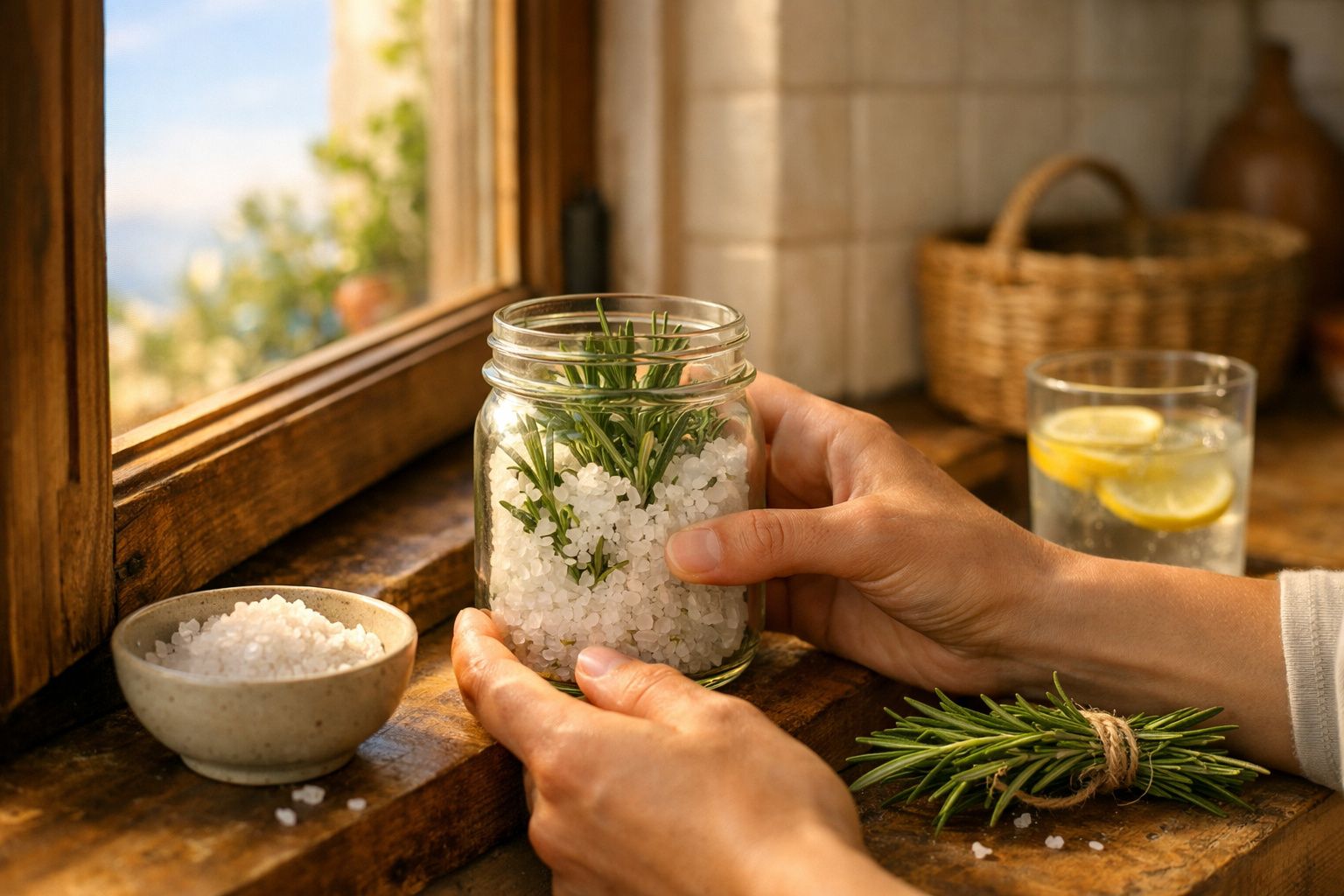 Mãos seguram vidro com sal grosso e alecrim junto a janela, com limonada e ramo de alecrim na madeira.