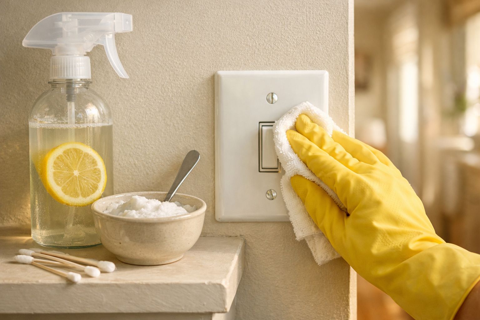 Pessoa com luva amarela a limpar interruptor de luz com pano, ao lado de frasco com limão e tigela com pó branco.