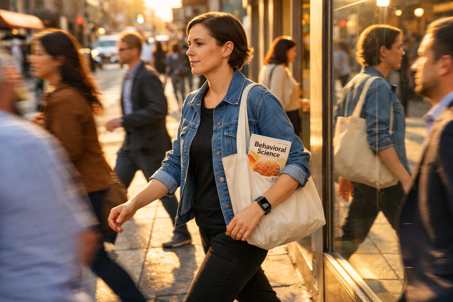 Mulher com casaco de ganga e mochila a andar na rua movimentada ao entardecer com livro sobre ciência comportamental.