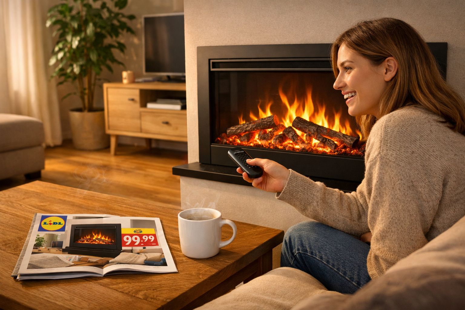 Mulher sorridente sentada junto à lareira com comando na mão e chávena em mesa de madeira com catálogo aberto.