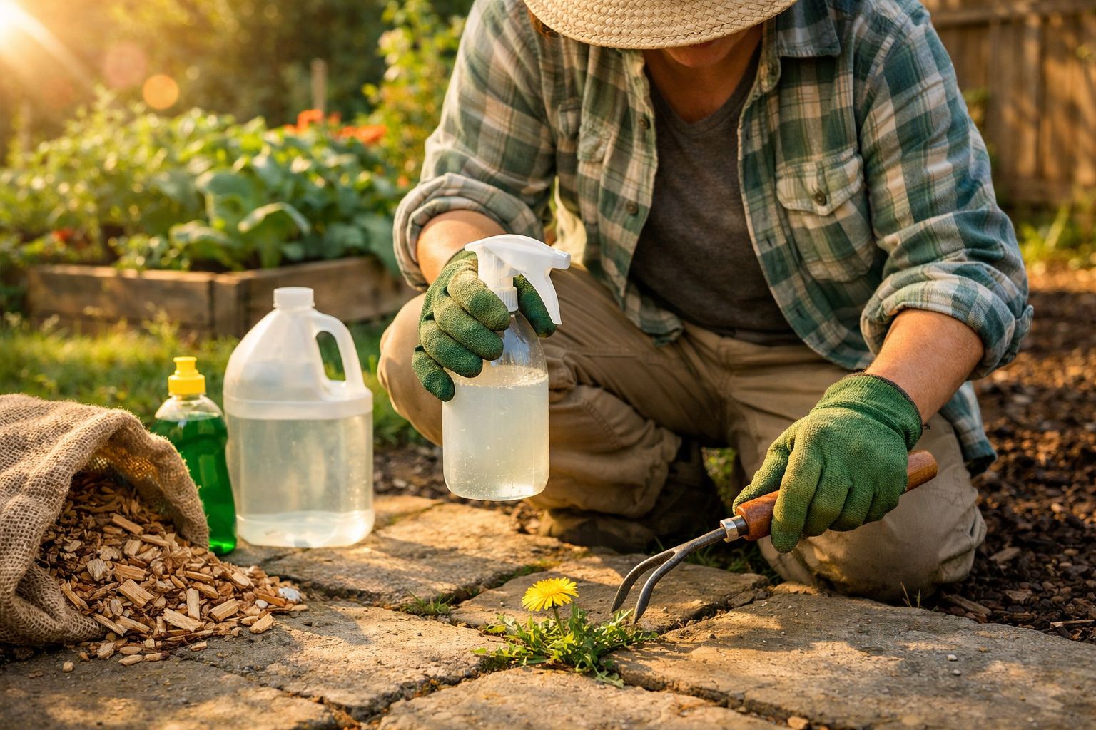 Pessoa com luvas de jardinagem a retirar erva daninha num jardim usando um pulverizador e uma ferramenta de mão.
