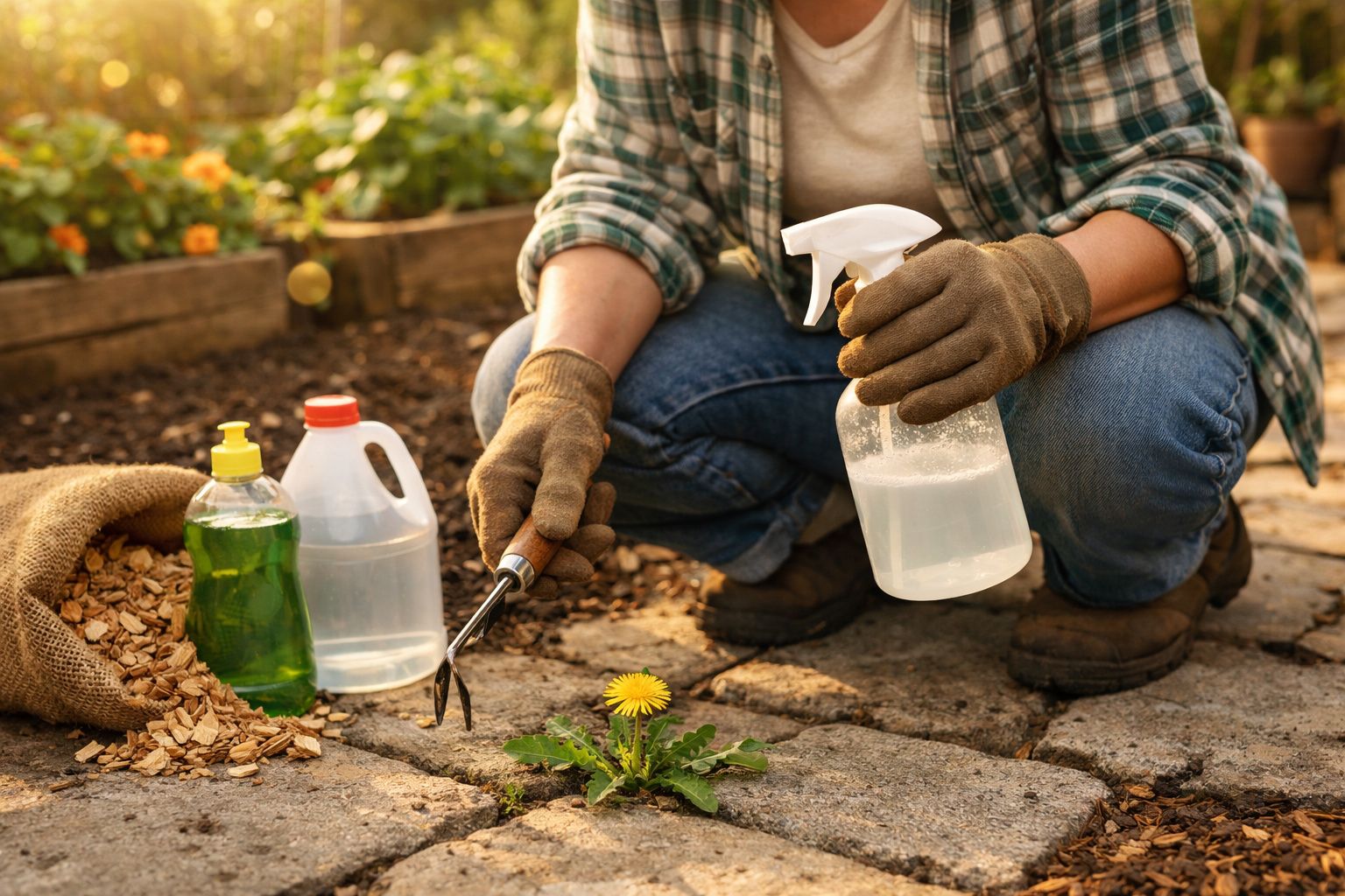 Pessoa a remover dente-de-leão entre pedras com ferramentas de jardinagem e pulverizador na mão.