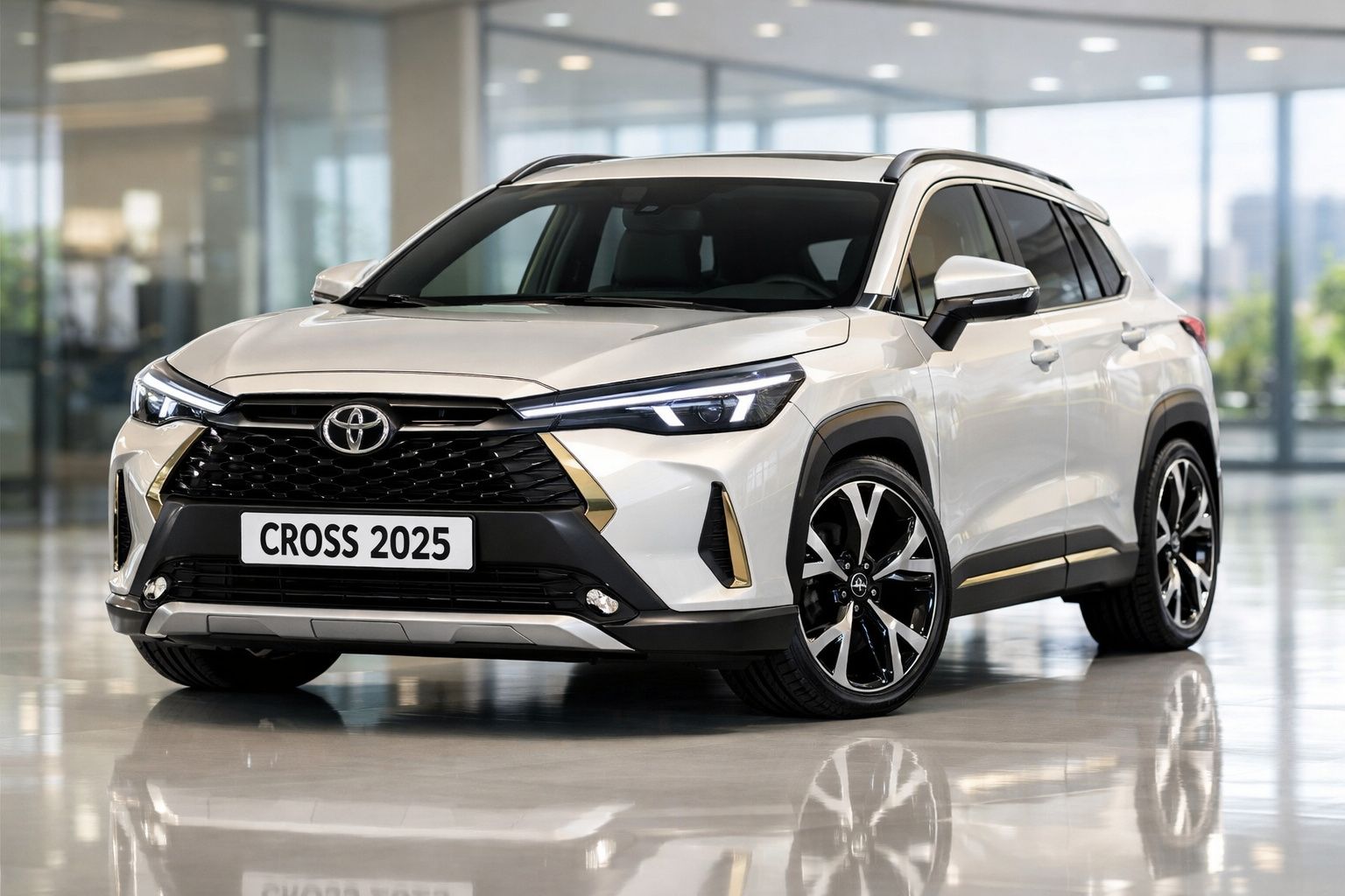 Toyota Cross 2025 branco, SUV moderno com faróis LED e grelha preta, em showroom iluminado.