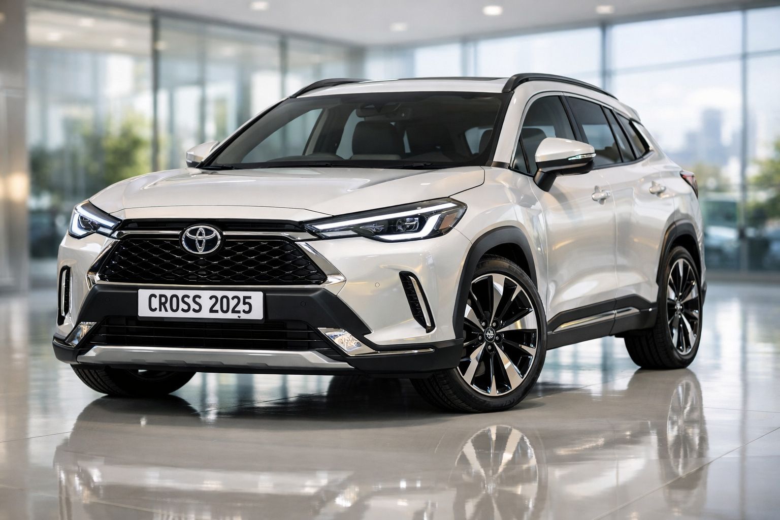 Veículo Toyota Cross branco moderno estacionado num espaço interior luminoso.
