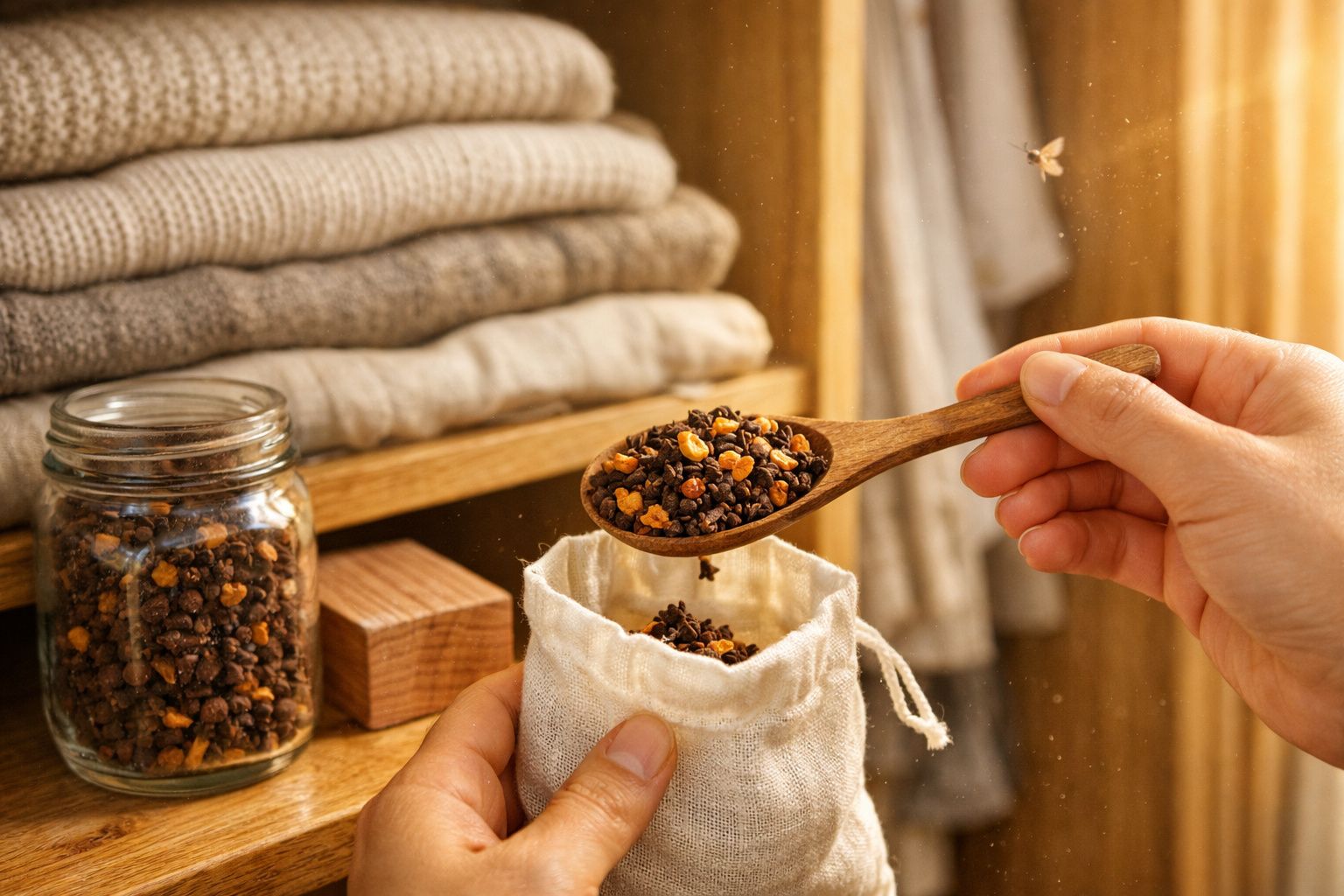Pessoa a colocar cravinho em saco branco com prateleira de tecidos e frasco de especiarias ao fundo.