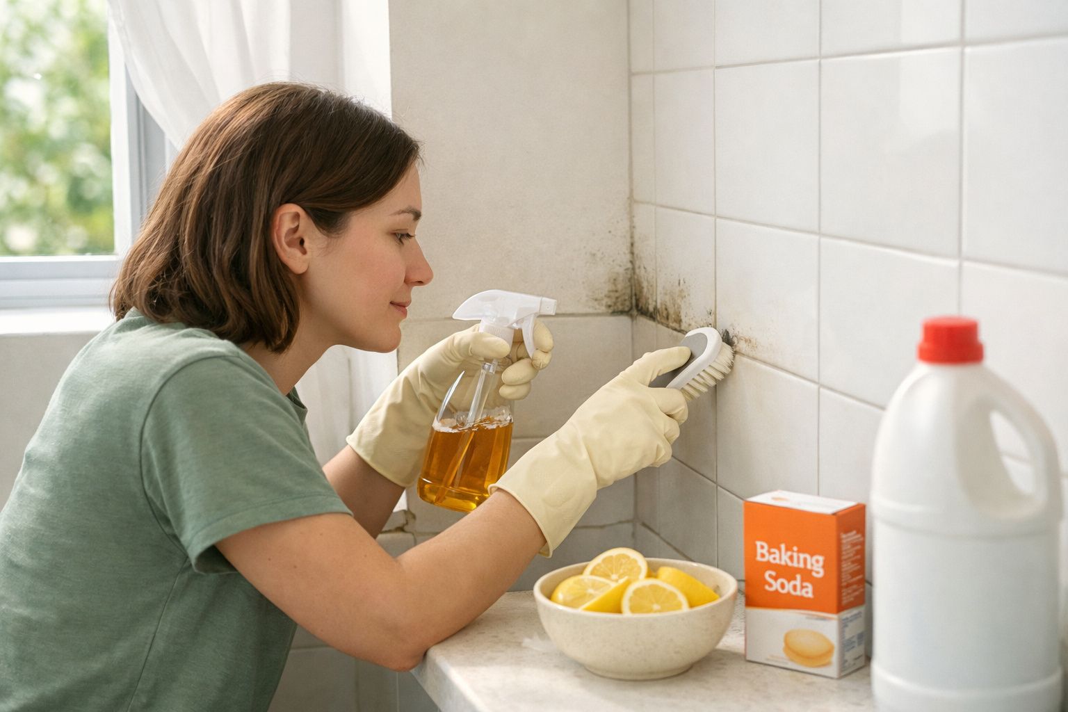 Mulher a limpar manchas de bolor nas paredes da cozinha com escova e spray de limpeza caseiro.