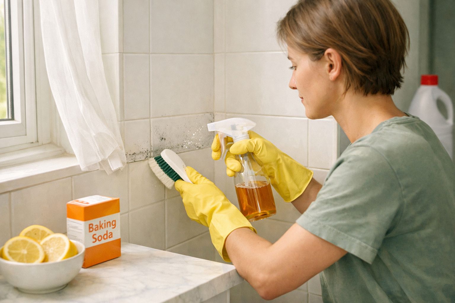 Pessoa com luvas amarelas a limpar bolor das paredes de azulejos brancos com escova e spray de limpeza.