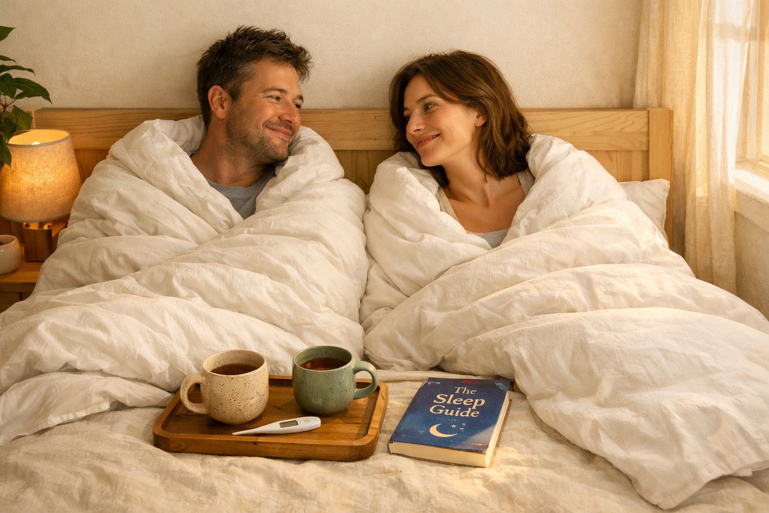 Casal deitado na cama, envolto em mantas brancas, com canecas, termómetro e livro sobre sono numa bandeja.