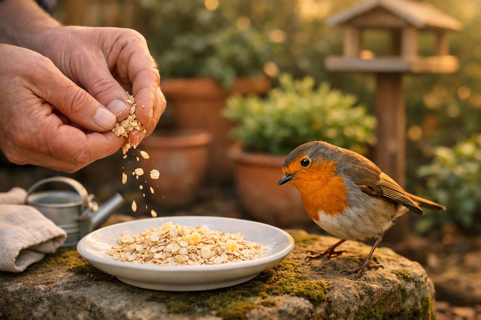 Mãos a espalhar aveia para um pisco-de-peito-ruivo numa placa num jardim ao entardecer.
