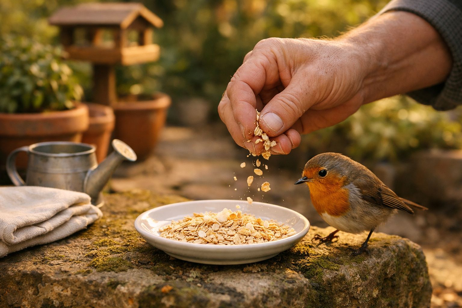 Mão a alimentar um pintassilgo com flocos numa pedra, perto de um regador e vasos de plantas.