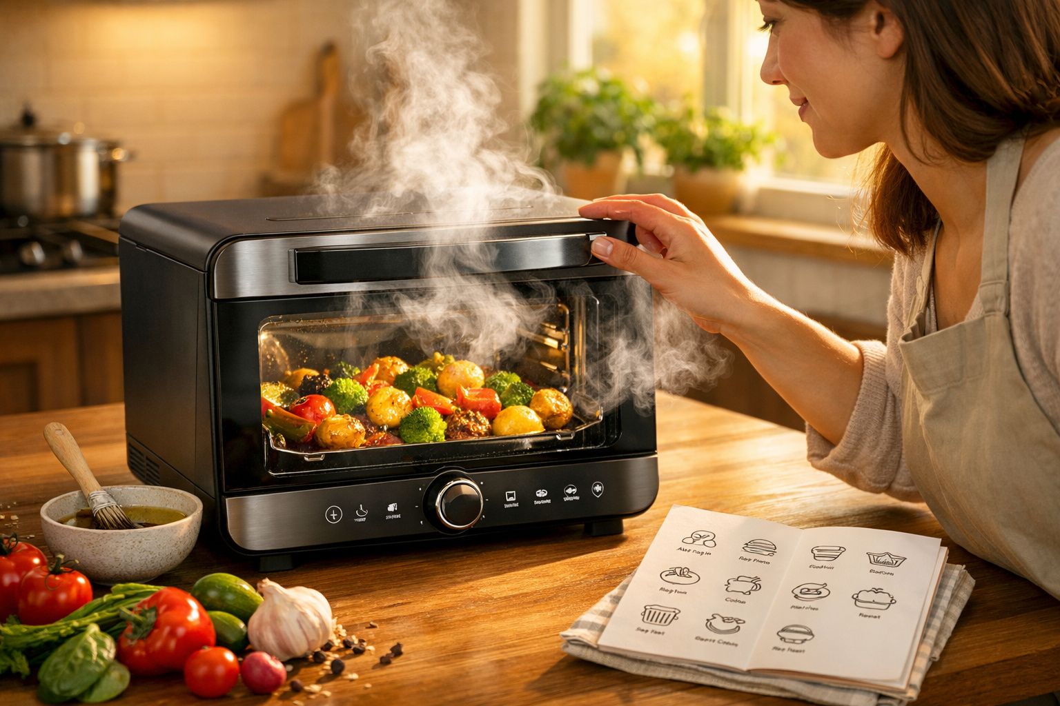 Mulher a cozinhar legumes frescos num forno elétrico fumegante numa cozinha luminosa.