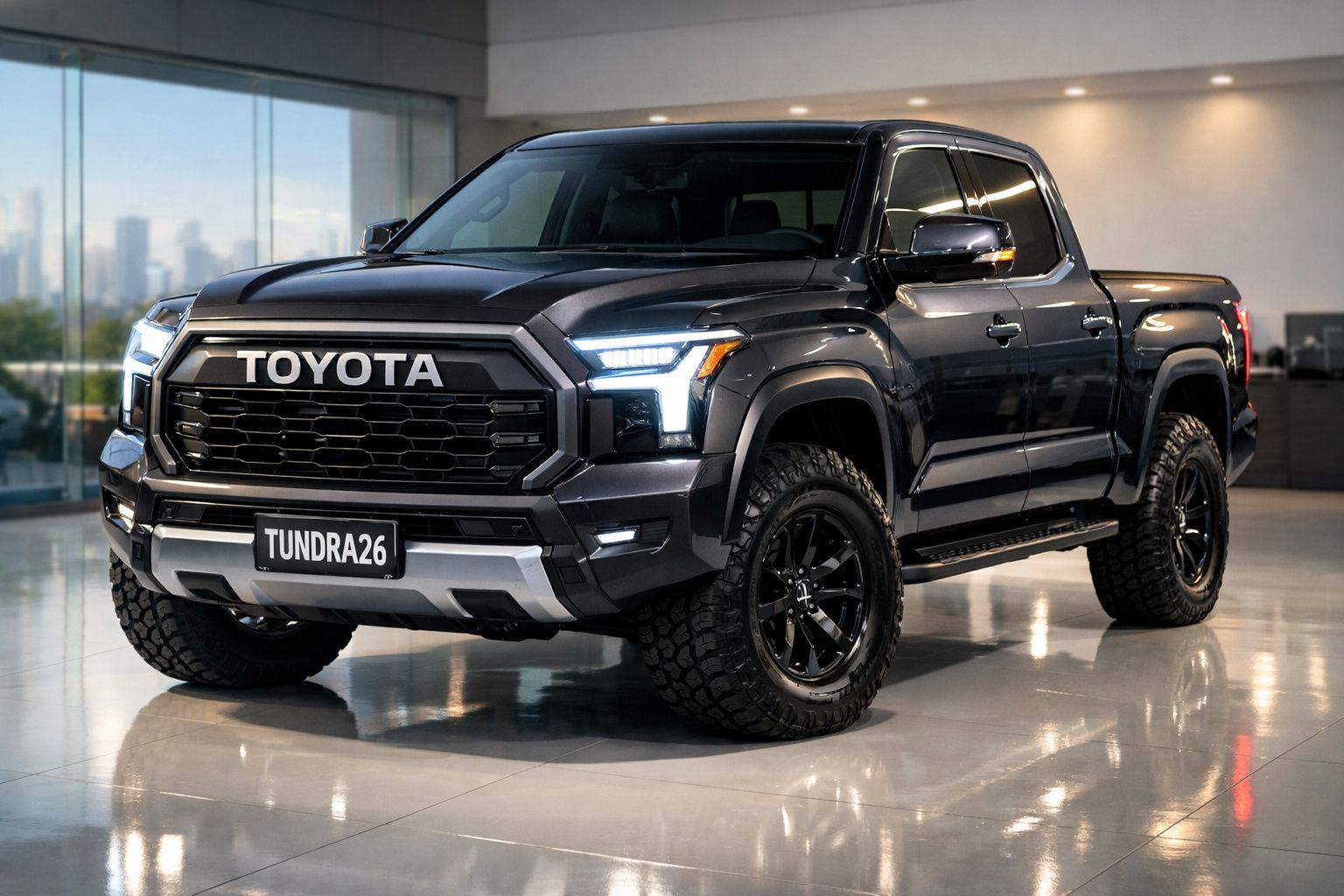Pick-up Toyota Tundra preta com pneus robustos num showroom moderno iluminado.