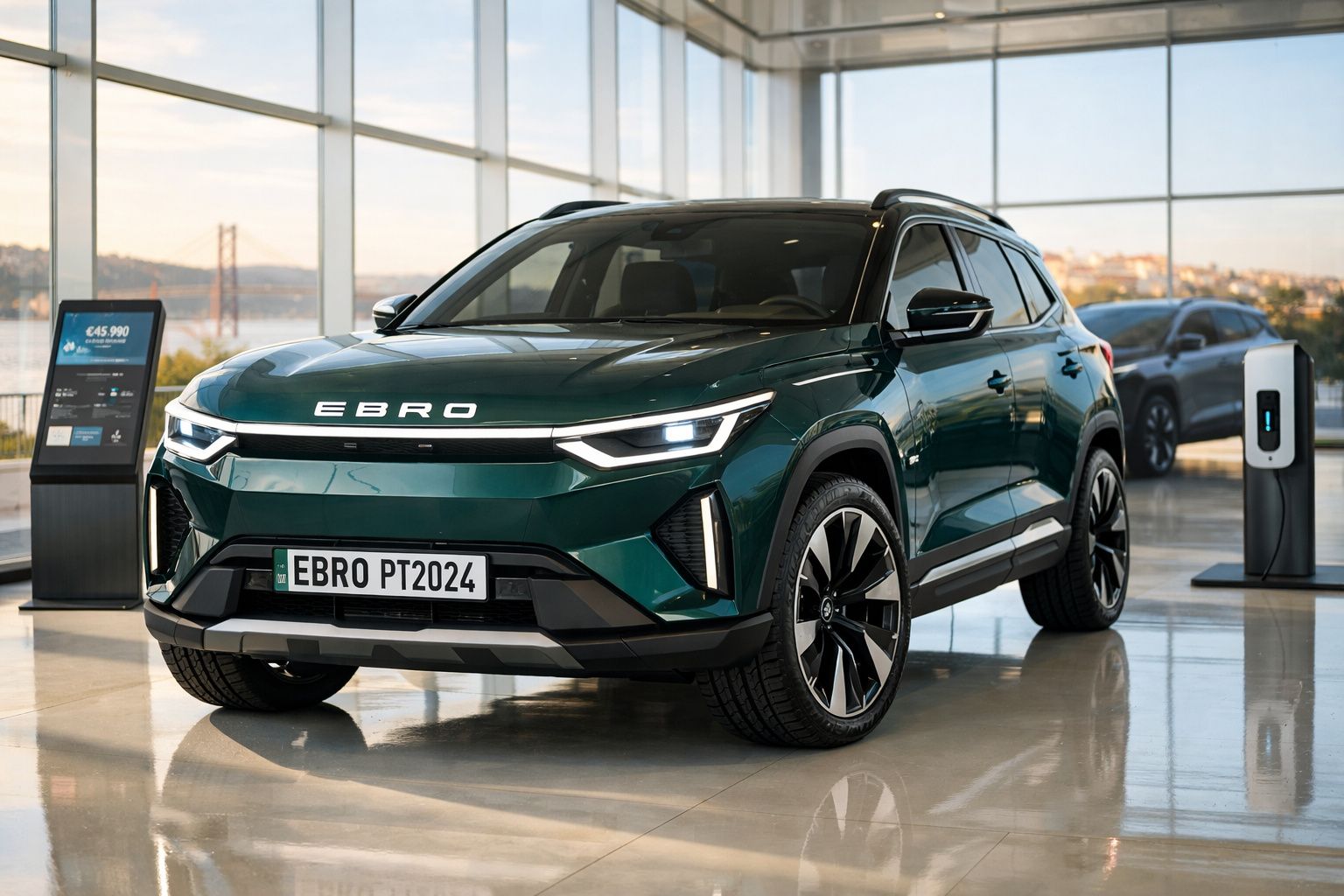 Carro SUV elétrico verde EBRO PT2024 em exposição numa sala moderna com estação de carregamento.