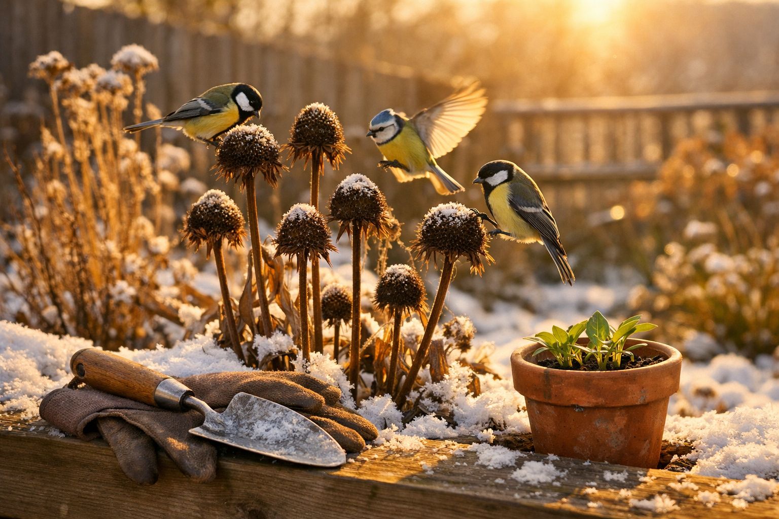 Três pássaros em flores secas com neve ao redor, ao lado de luvas, uma colher de jardinagem e um vaso com plantas.