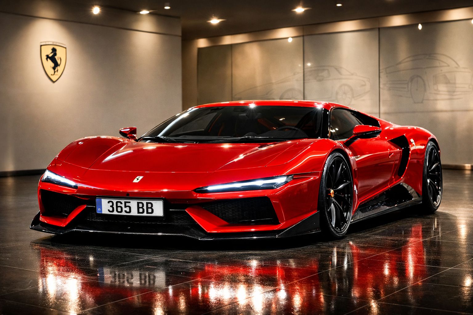Carro desportivo Ferrari vermelho estacionado em piso refletor dentro de showroom com logo na parede.