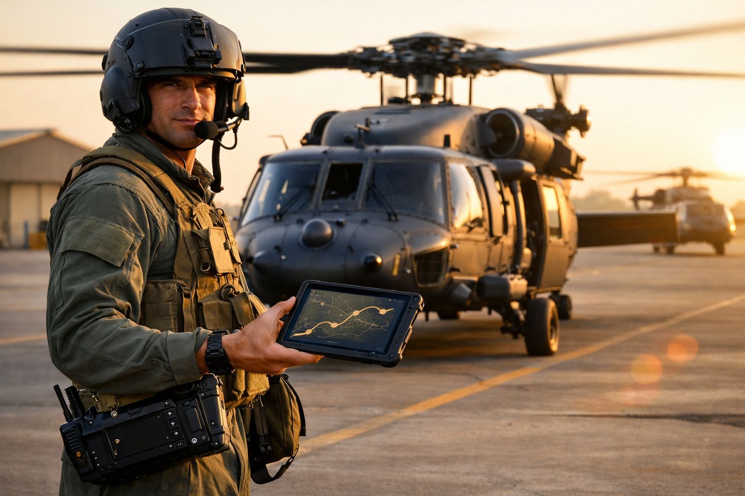 Militar com equipamento tático e tablet em frente a helicóptero preto numa base aérea ao pôr do sol.