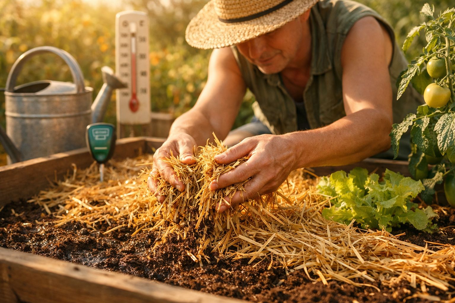 Homem com chapéu de palha cobre terra com palha em canteiro de jardim com vegetais verdes ao lado.