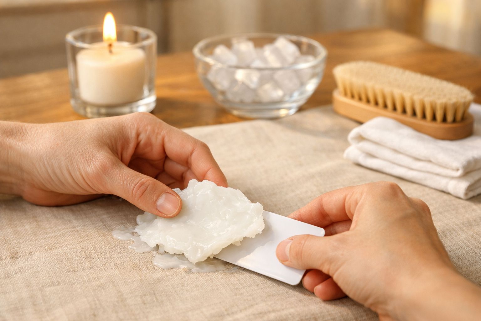 Mãos a aplicar cera depilatória branca com espátula, com vela acesa e acessórios de beleza ao fundo.