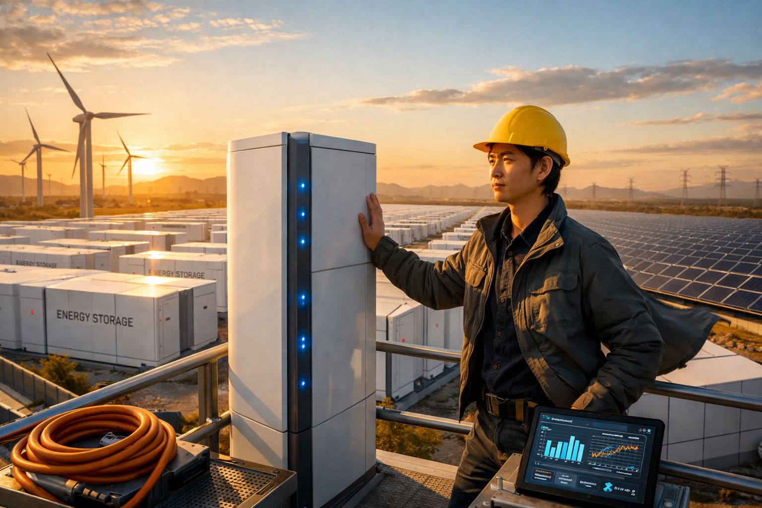 Engenheiro com capacete numa central solar e eólica, controlando armazenamento de energia ao pôr do sol.