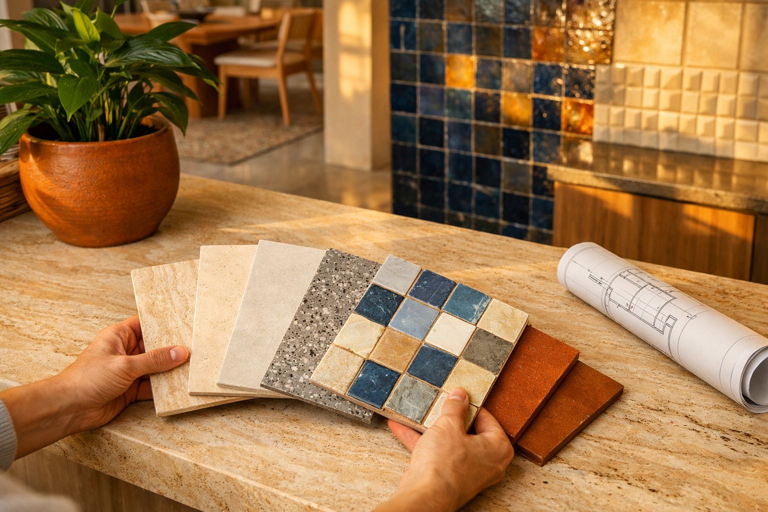 Peças de azulejos decorativos variados em tons neutros e azuis sobre mesa, mãos a segurá-los para escolha.