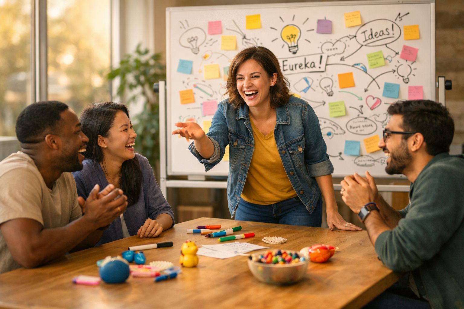 Grupo de quatro pessoas a rir e discutir ideias à volta de uma mesa com post-its e canetas coloridas.