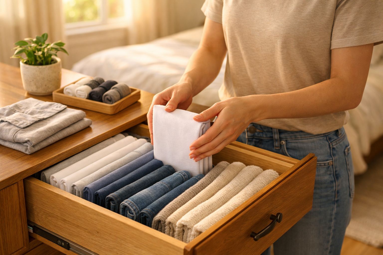 Pessoa a arrumar toalhas dobradas e organizadas em gaveta de madeira, em ambiente acolhedor e bem iluminado.