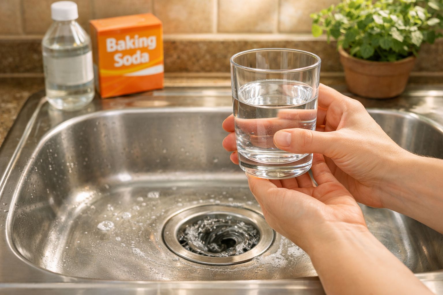 Mãos seguram um copo de água junto a uma pia de cozinha com bicarbonato de sódio no fundo.