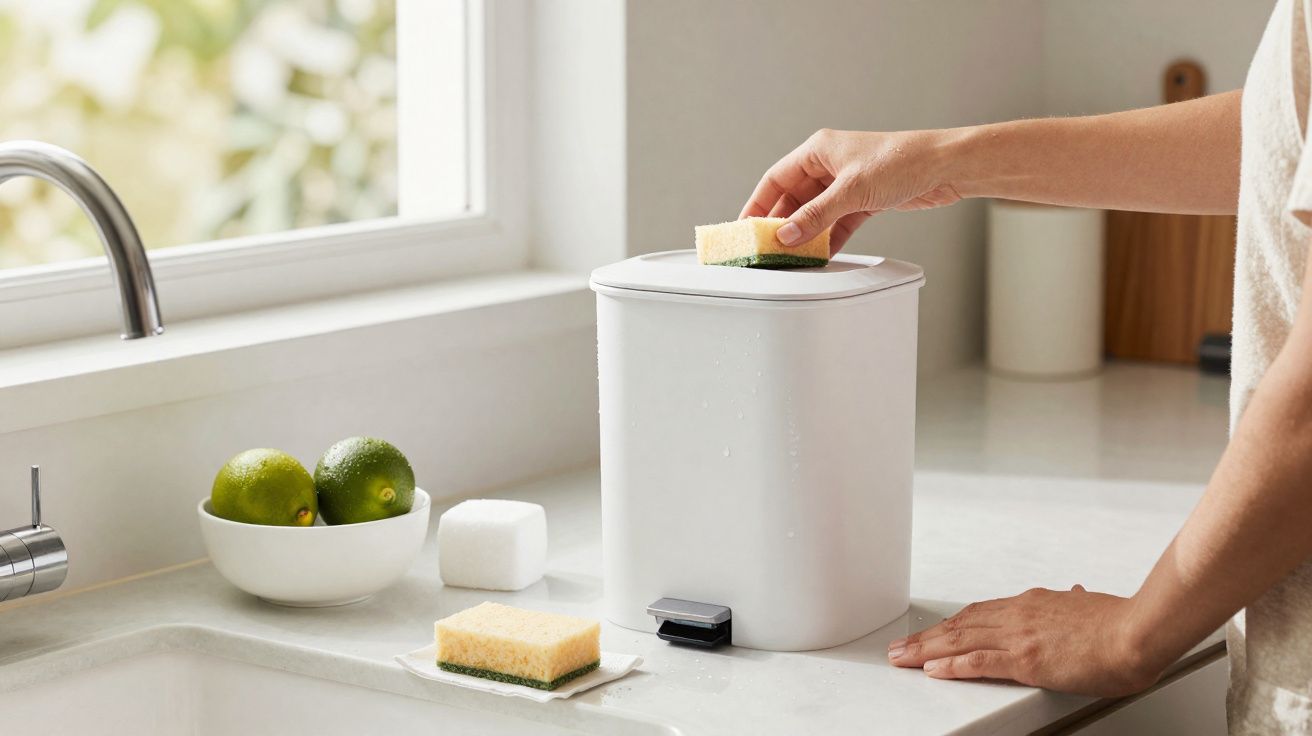 Mão a colocar uma esponja num caixote do lixo branco sobre uma bancada de cozinha perto de uma pia e limões.