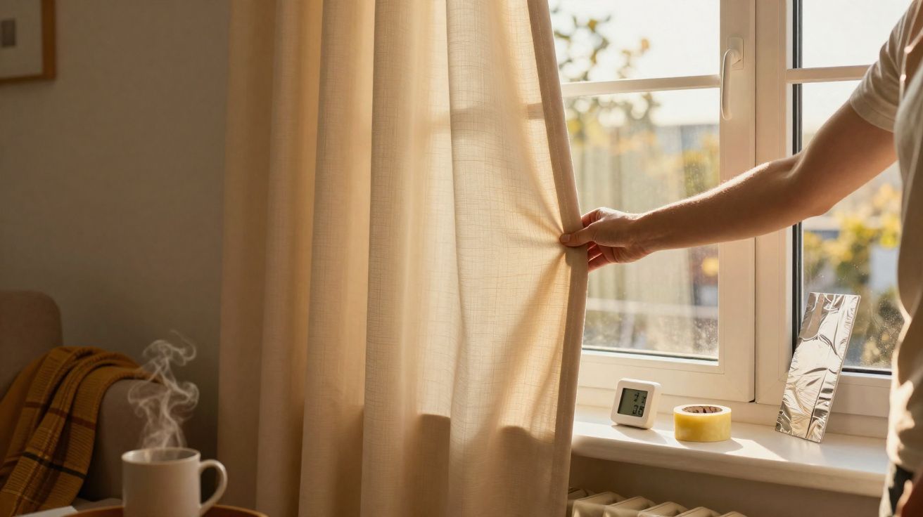Pessoa a abrir cortina bege num quarto com chá quente numa mesa e termómetro na janela.