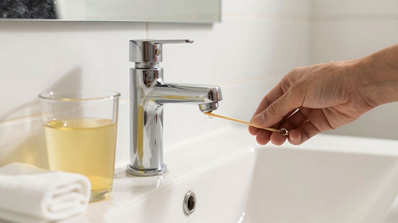 Mão a recolher gota de água da torneira com palito, copo com líquido amarelo e toalha branca no lavatório.